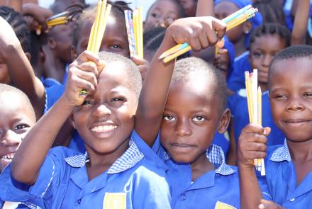 Students with their new pencils